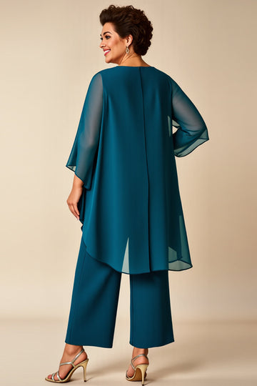 Peacock Chiffon Round Neck 2 Piece Plus Size Mother Of Bride Pantsuits